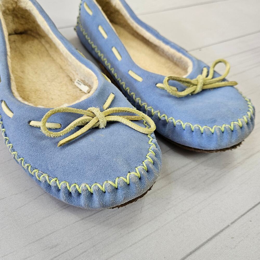 L.L. Bean Sky Blue Leather Sherpa Lined Moccasin Slippers - 8 - Picture 2 of 5